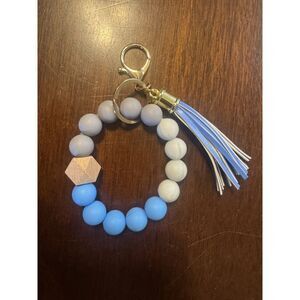 Handmade Elastic Bangle Bracelet Wristlet Keychain Blue and Gray NEW